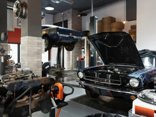 Un taller ordenado con un coche clásico negro con el capó abierto y otro azul en elevación. Motores y herramientas a la vista.