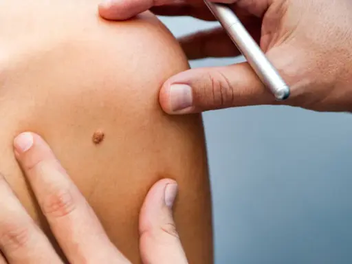 Examen d'un grain de beauté sur l'épaule, un médecin utilise un stylo pour le marquer.