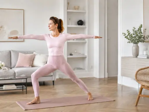 Kobieta w różowym stroju ćwiczy jogę w salonie. Widoczne są piękne pilates efekty: smukła sylwetka i pewność siebie.