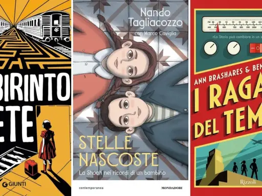 Copertine di libri: "Il labirinto di Creta", "Stelle nascoste" e "I ragazzi del tempo", perfetti fumetti per ragazzi di 13 anni.