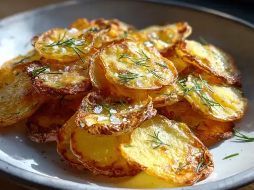 Krispiga, gyllene skivor av grillad potatis toppas med flingsalt och färsk dill. En perfekt sidorätt som passar till det mesta.