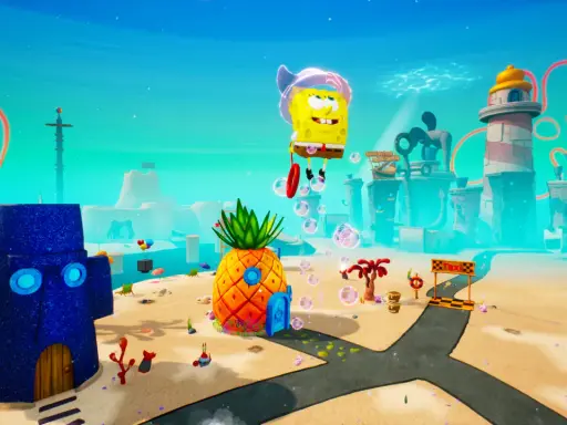 SpongeBob wesoło lata nad Bikini Dolnym, gotowy do kolejnych przygód w spongebob gry online.