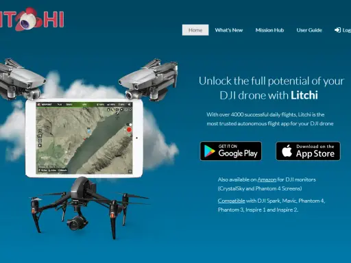 Litchi App: Steuere deine DJI Drohne mit der Litchi App. Hier siehst du Drohnen, ein Tablet mit Kartenansicht und Download-Buttons.