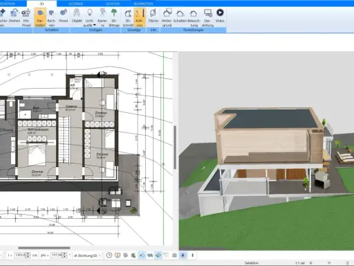 Grundriss und 3D-Ansicht eines modernen Hauses, das Dach wird gezeichnet.