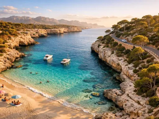 Malownicza zatoka z turkusową wodą, plażą i łodziami. Idealne miejsce, by sprawdzić, co zobaczyć na Palma de Mallorca.