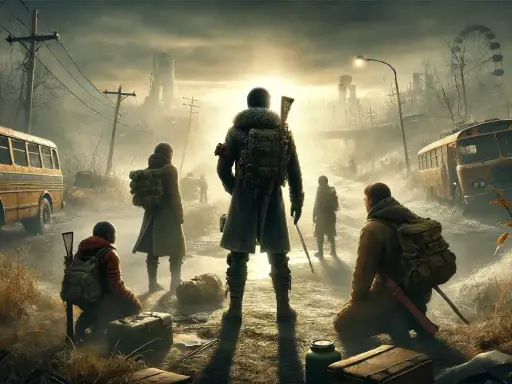 Grupa ocalałych w postapokaliptycznym świecie, przygotowująca się do dalszej podróży. To może być scena z gry Metro Exodus, poradnik do której jest bardzo pomocny.