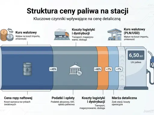 Struktura ceny paliwa: cena ropy naftowej (45%), podatki (40%), logistyka (7%), marża (7%). Kurs walutowy wpływa na koszt importu.