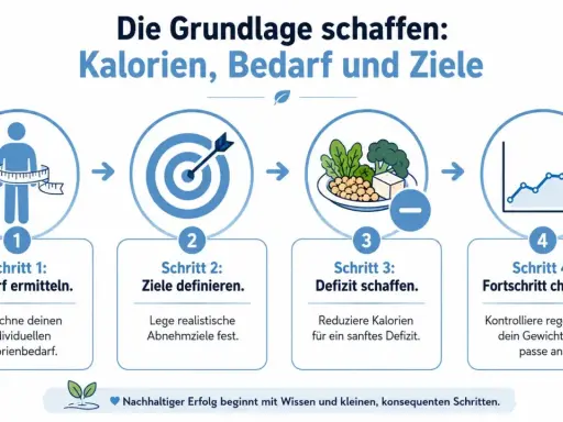 Schritt-für-Schritt-Anleitung für abnehmen in 4 wochen: Bedarf ermitteln, Ziele setzen, Kaloriendefizit schaffen, Fortschritt kontrollieren.