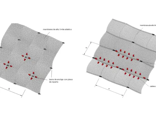 Diagramas de membranas elásticas con puntos de anclaje y barras de refuerzo. Una **guía de anclajes** muestra la distribución de los puntos de sujeción.