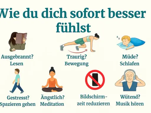 Sechs Illustrationen zeigen, was tun gegen Aufregung: Lesen bei Erschöpfung, Bewegung bei Traurigkeit, Schlafen bei Müdigkeit, Spazierengehen bei Stress, Meditation bei Angst, Bildschirmzeit reduzieren, Musik hören bei Wut.