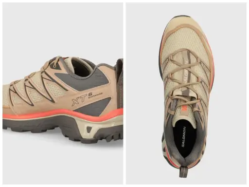 Buty Salomon XT-6 Expanse w kolorze beżowym z pomarańczowymi akcentami. Idealne na szlaki, czy to Salewa, czy Salomon, te buty zapewnią komfort.