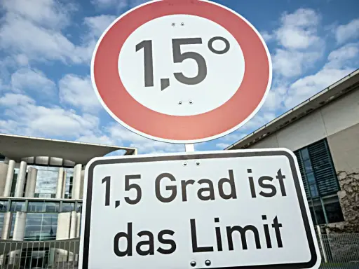 Verkehrsschilder mahnen: 1,5 Grad ist das Limit. Deutschland will klimaneutral bis 2045 sein.