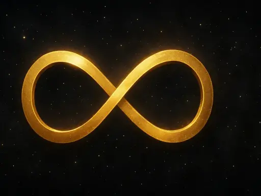 Un simbolo dorato dell'otto infinito brilla su uno sfondo scuro costellato di piccole luci scintillanti, evocando un senso di eternità.