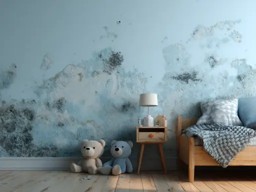 Schimmel an der Wand im Kinderzimmer. Die Auswirkungen von Schimmel auf ungeborene Kinder sind besorgniserregend.