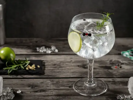 Orzeźwiający gin and tonic z plasterkiem limonki, gałązką rozmarynu i ziarnami pieprzu, na drewnianym blacie.