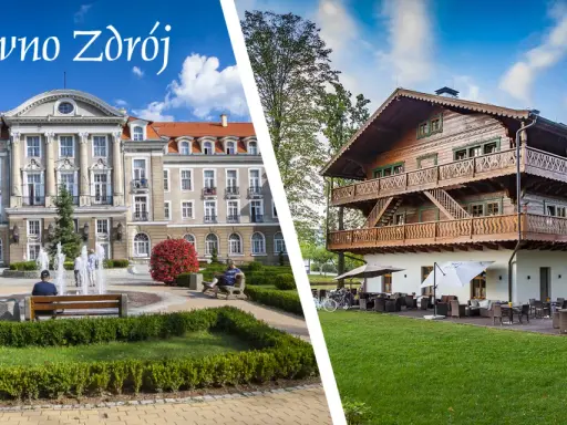 Szczawno Zdrój sanatorium: okazały budynek i drewniana willa z tarasem i ogródkiem.
