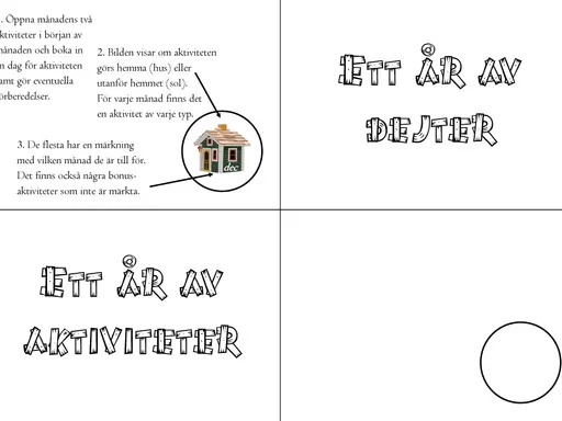 En guide för att planera aktiviteter för varje månad. Vad ska man hitta på idag? En bild visar ett hus som symboliserar hemma-aktiviteter.