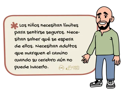 Un hombre calvo con barba sonríe. Un texto en un bocadillo explica que la crianza respetuosa implica dar límites a los niños para que se sientan seguros.