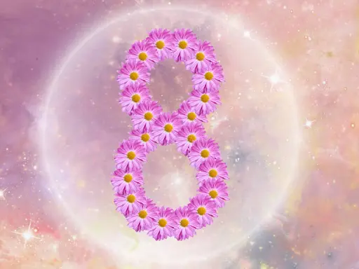 Ósemka z różowych kwiatów na tle kosmicznym. Symbolizuje 8 rok numerologiczny, czas obfitości i rozwoju.