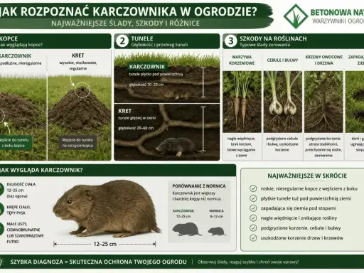 Niskie, nieregularne kopce karczownika w ogrodzie, płytkie tunele i szkody w roślinach. Porównanie z nornicą.