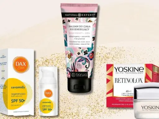 Kosmetyki z ceramidami: krem pod oczy Perfecta, balsam do ciała Natural Expert, krem Dax Sun SPF 50+ i krem Yoskin. Ceramidy to klucz do regeneracji skóry.