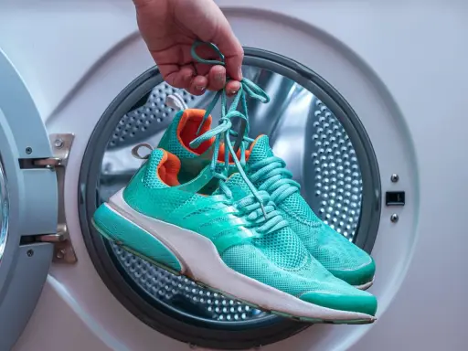 Türkisfarbene Laufschuhe werden vor dem Waschen in der Waschmaschine gehalten.