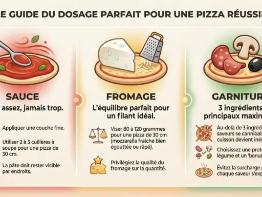Guide pour la cuisson pizza : sauce, fromage et garniture. Conseils pour un dosage parfait et des saveurs équilibrées.