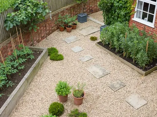Un huerto urbano en terraza con tomates y habas en bancales de madera, senderos de grava y plantas en macetas.