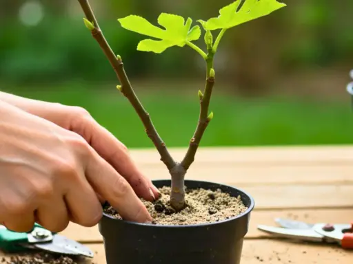 Mains ajustant la terre autour d'un jeune pousse figuier dans un pot. Des cisailles de jardinage sont à proximité.