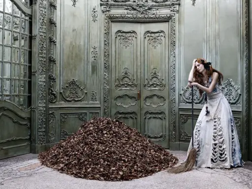 A woman in a tattered gown leans on a broom beside a mountain of leaves in a grand, ornate room, a scene captured by Eugenio Recuenco.