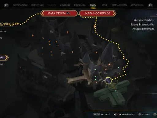 Mapa Hogwartu z zaznaczoną ścieżką. Widać skrzydła zamku, bibliotekę i lokalizację płomieni. Szukasz kluczy Dedala?