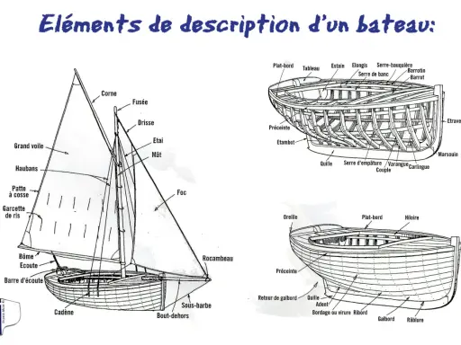 Schéma détaillé du vocabulaire d'un voilier, montrant les différentes parties de la coque et des voiles.