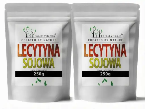 Dwie saszetki z lecytyną sojową Forest Vitamin, każda po 250g. Produkt spożywczy stworzony przez naturę.