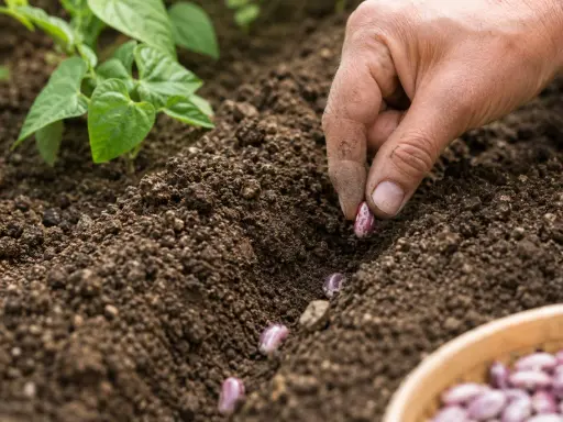 Main d'un jardinier semant des haricots dans la terre, une étape essentielle après avoir fait tremper les haricots avant de les semer pour une meilleure germination.