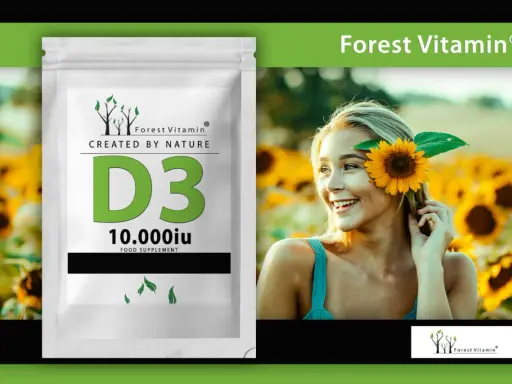 Opakowanie Forest Vitamin D3 10.000iu obok uśmiechniętej kobiety w polu słoneczników.
