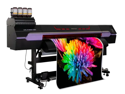 Drukarka Mimaki UCJV330-160 z tuszami UV, gotowa do tworzenia żywych wydruków, np. kolorowego kwiatu.