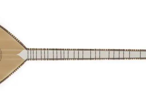 Un bouzouki en bois clair, orné d'une découpe en forme de piment, prêt à faire vibrer ses cordes.