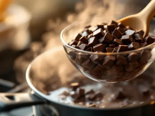 Chocolat en morceaux dans un bol au-dessus d'une casserole d'eau frémissante pour un bain-marie. Le chocolat est sur le point de fondre, prêt à être utilisé pour une recette.
