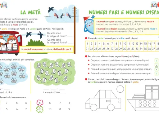 Esercizi di matematica per la classe seconda su numeri pari e dispari, con esempi visivi di metà e divisione per 2.