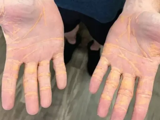 Dłonie z żółtymi zmianami skórnymi, mogącymi świadczyć o wysokim cholesterolu.