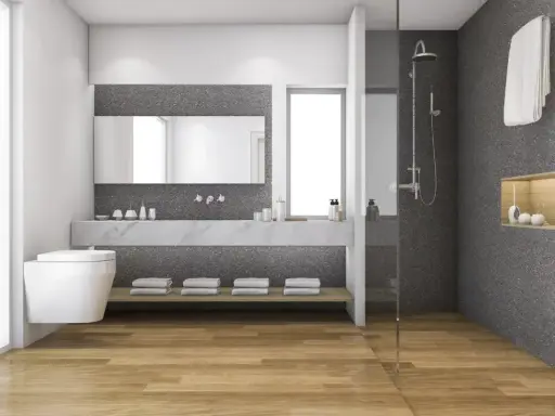 Modernes Bad mit Holzboden und Dusche. Eine tolle alternative zu fliesen im bad, die für Wärme und Stil sorgt.