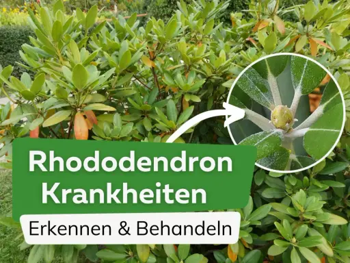 Rhododendron Krankheiten erkennen & behandeln. Nahaufnahme eines jungen Triebs mit Anzeichen von Pilzbefall.