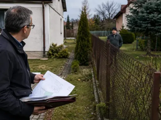 Mężczyzna z dokumentami analizuje teren, szukając sposobu, jak podważyć zasiedzenie. Sąsiad obserwuje go zza płotu.