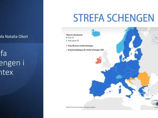 Mapa Europy z zaznaczonymi krajami strefy Schengen, UE i krajami kandydującymi.