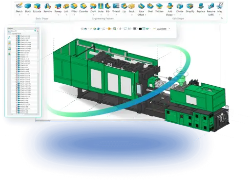 Macchina per stampaggio a iniezione in fase di progettazione, con interfaccia di modellazione parametrica che mostra le opzioni di modifica della forma.