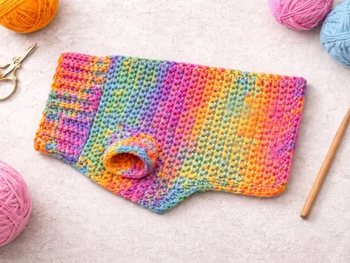 Kolorowy sweter na szydełku tunezyjskim, gotowy do ozdobienia psiego przyjaciela.