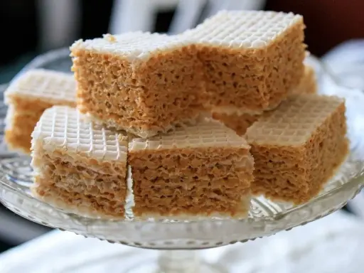 Słodkie wafle z mlekiem w proszku, ułożone na szklanej paterze. Idealne na deser.