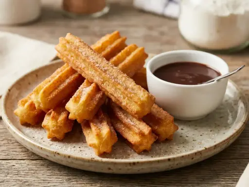 Montón de churros sin gluten espolvoreados con azúcar, junto a una taza de chocolate caliente.