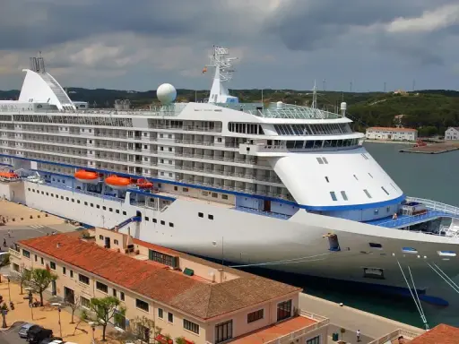 Grande nave da crociera attraccata nel porto Mahon, con edifici storici e colline verdi sullo sfondo.