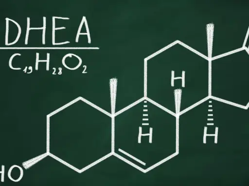 Struktura chemiczna DHEA (C19H28O2) na tablicy. Niski poziom tego hormonu może wpływać na samopoczucie.